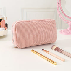 Pink Corduroy Makeup Bag with Silvery Zipper