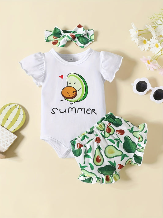 3pc Baby Girls Lemon Print Onesie & Shorts & Headband Set