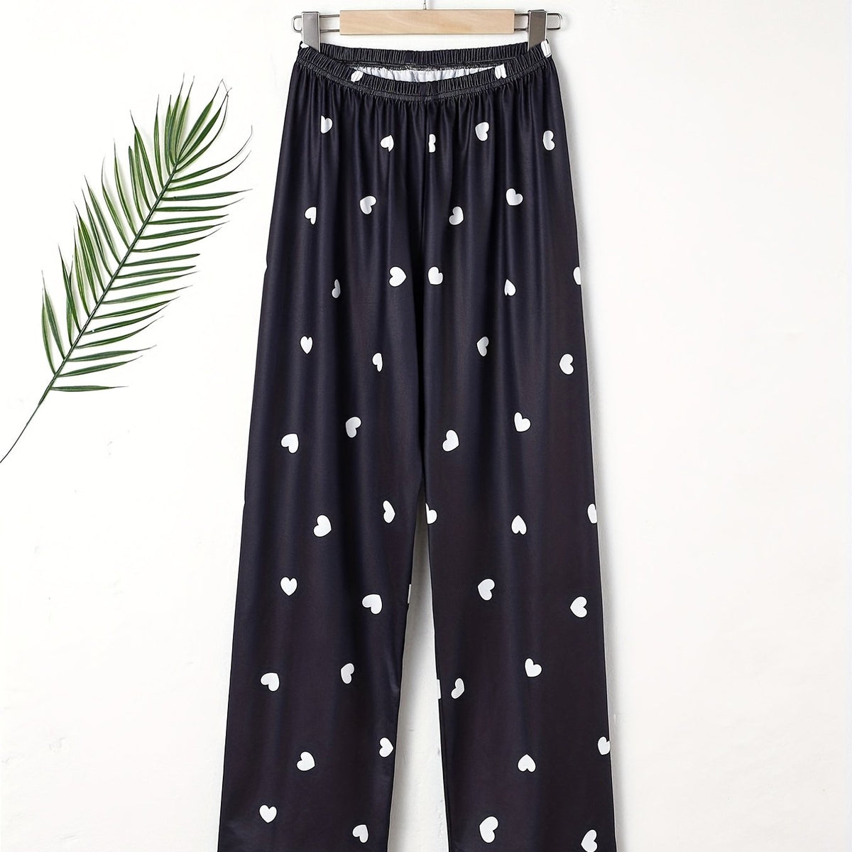 Heart Print Sleep Bottom Loose & Breathable Elastic Waistband Long Pants
