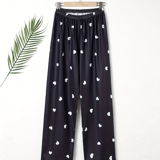 Heart Print Sleep Bottom Loose & Breathable Elastic Waistband Long Pants
