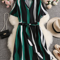  Women's Stripe Print Notched Neck Cap Sleeve Mini Dress