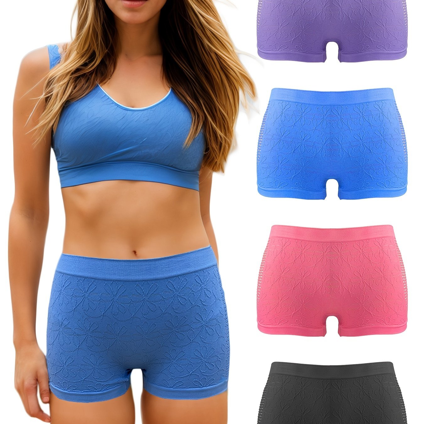 4pcs Floral Textured Boyshort Panties Soft & Comfortable Women's Lingerie