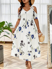  Floral Print Lace Cold Shoulder Maxi Dress