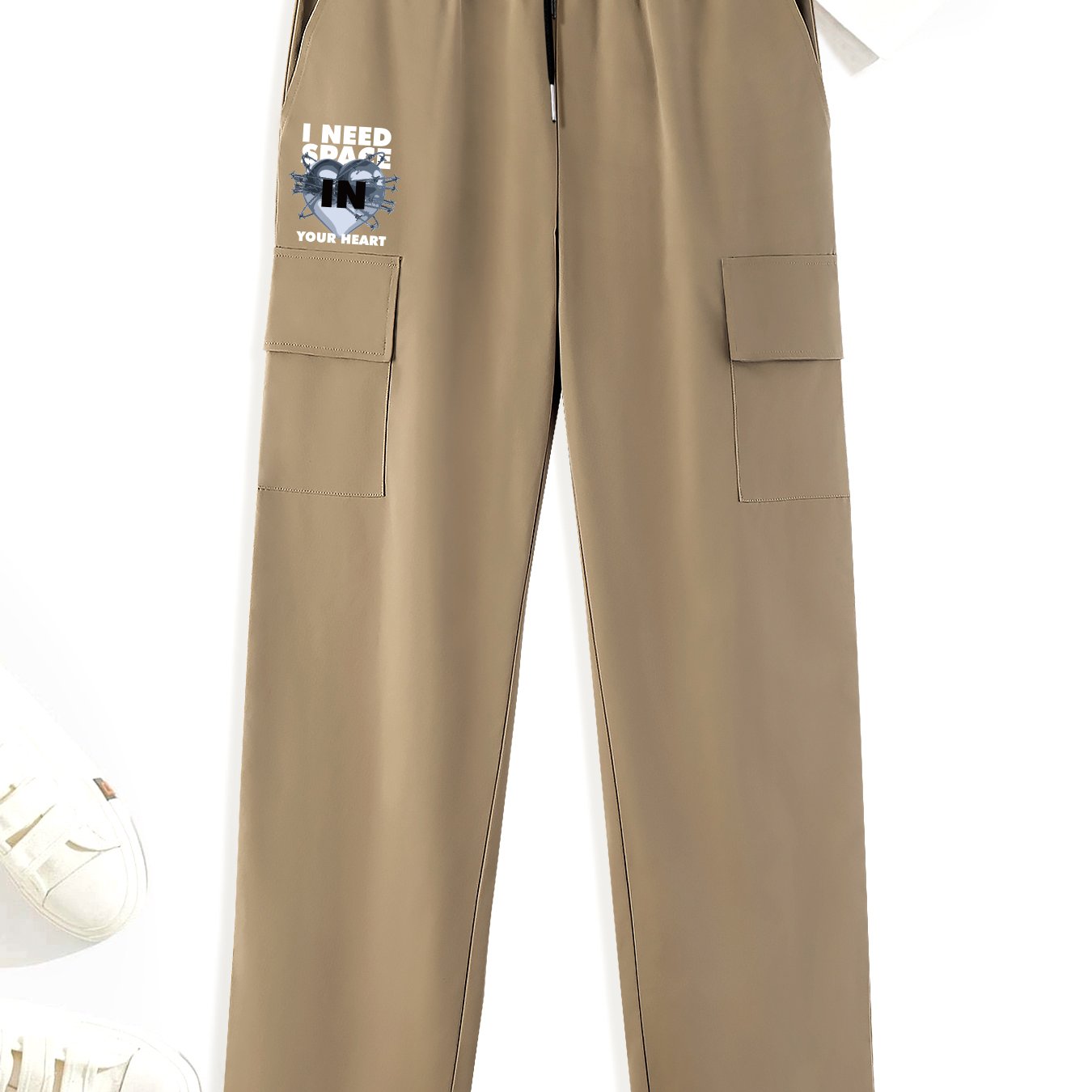 Letters Print Cargo Pants Men s Straight Leg Drawstring Cargo Pants
