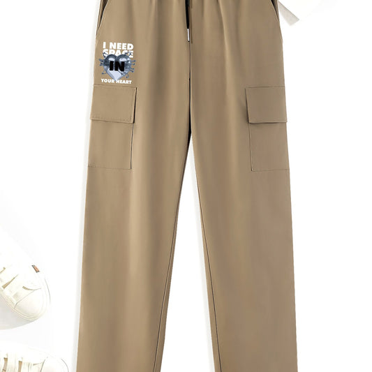 Letters Print Cargo Pants Men s Straight Leg Drawstring Cargo Pants