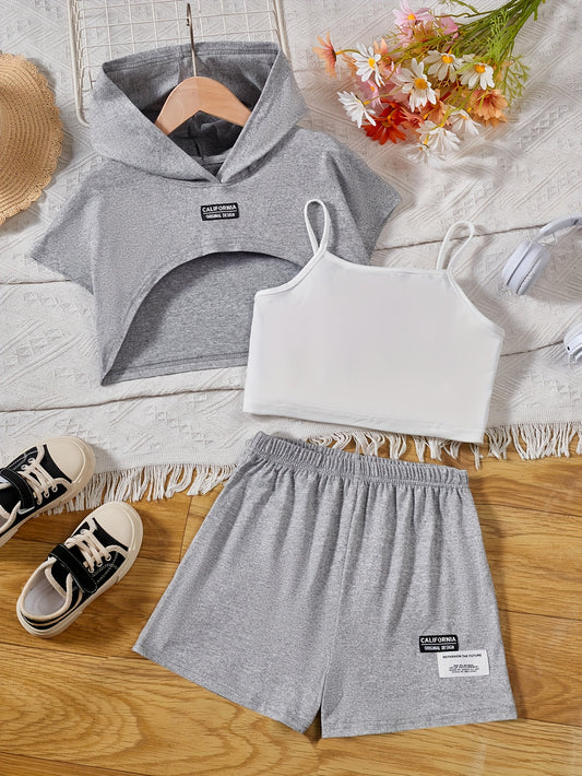 Girl's 3pcs Hooded T shirt & Camisole & Shorts Set CALIFORNIA Patched