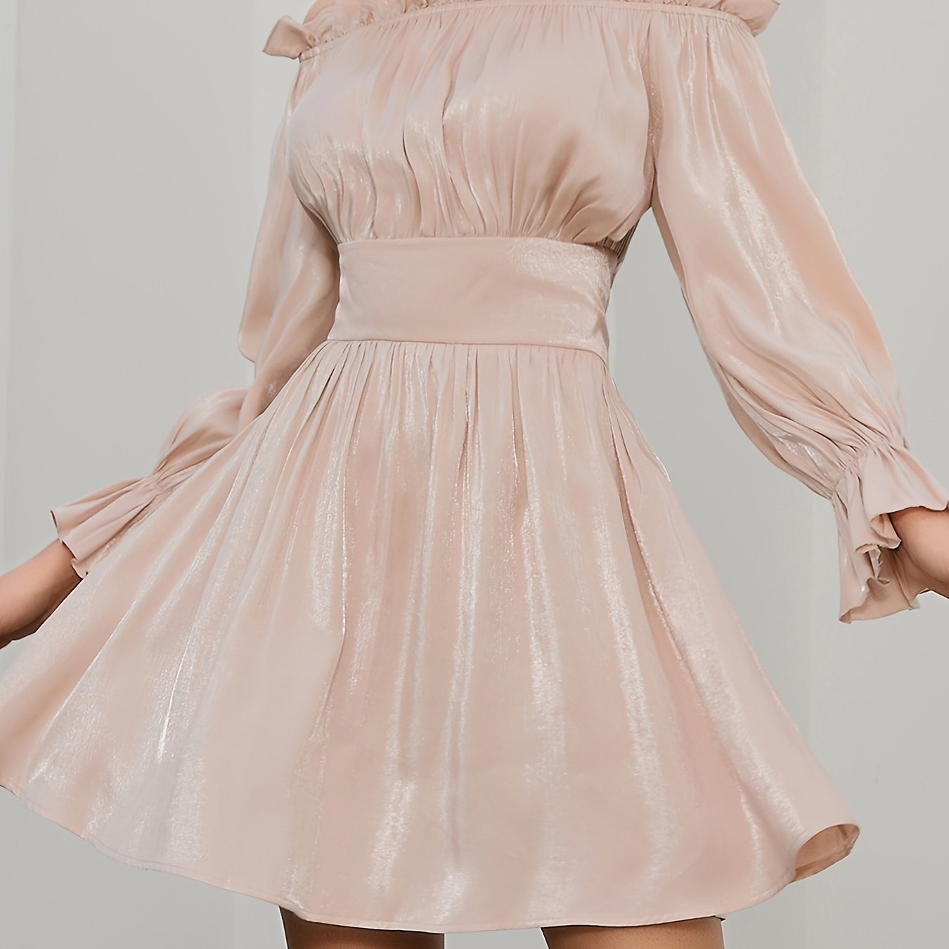 Off Shoulder Lantern Sleeve Bridesmaid Dress Ruffled Trim Pleated Mini Dress