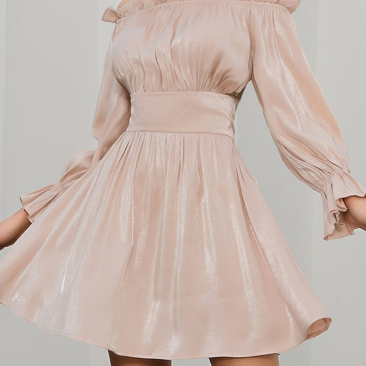 Off Shoulder Lantern Sleeve Bridesmaid Dress Ruffled Trim Pleated Mini Dress