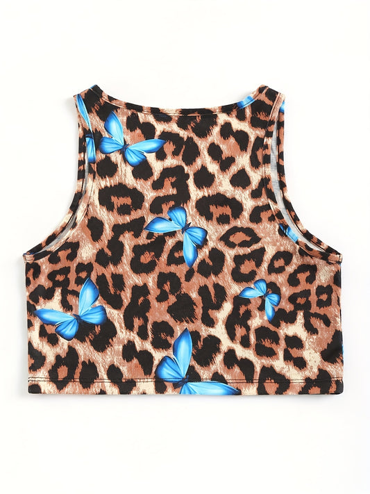 Leopard & Butterfly Print Tank Top V Neck Sleeveless Top