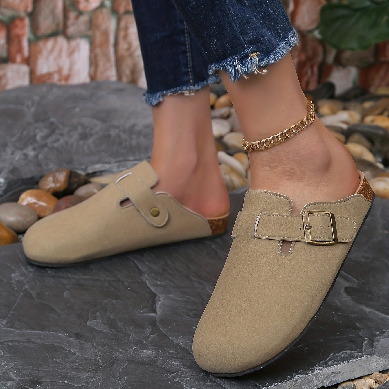 Women's Cork Clogs Mules w/ Buckle Strap, Slip On Shoes