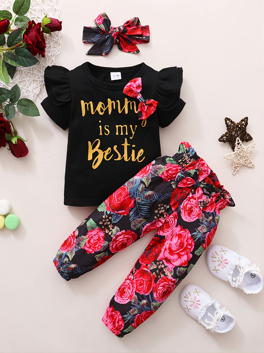 Girls' Ruffle Top & Floral Trousers Set with Headband