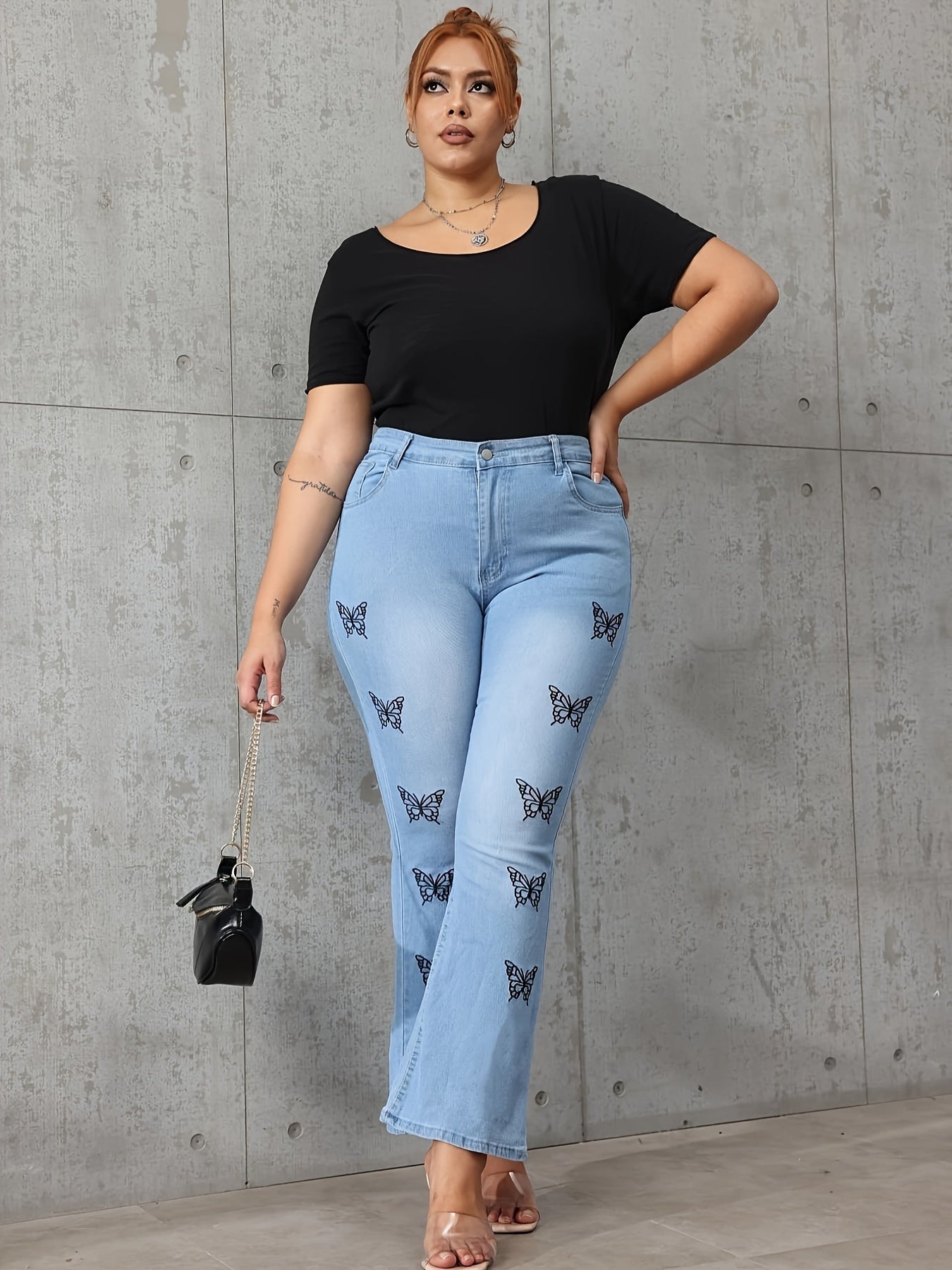  Butterfly Print High Rise Flared Leg Jeans