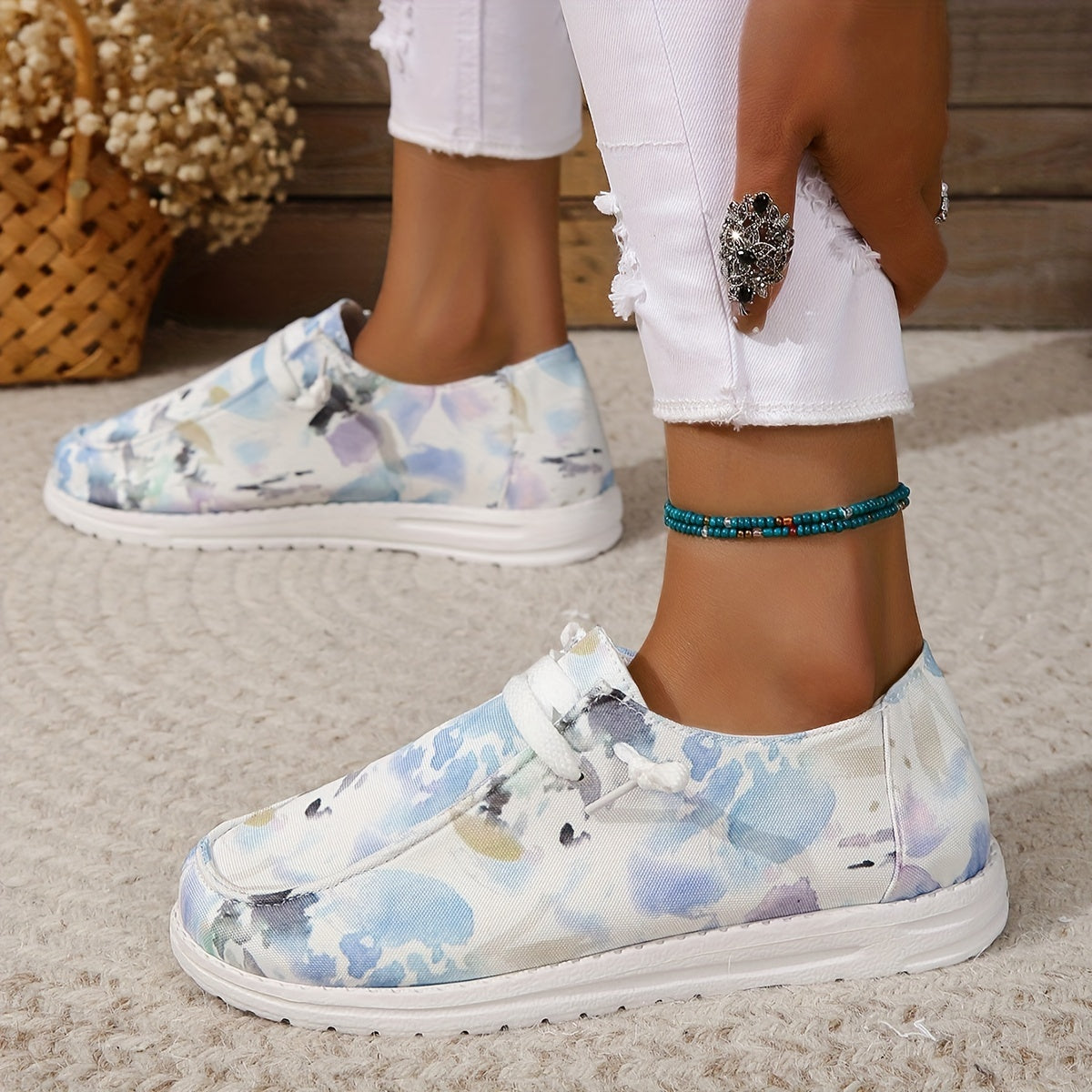 Women's Tie Dye Canvas Slip-On Loafers Casual Walking Shoes