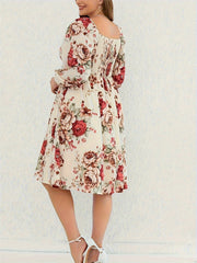  Women's Floral Print Lantern Sleeve Dress