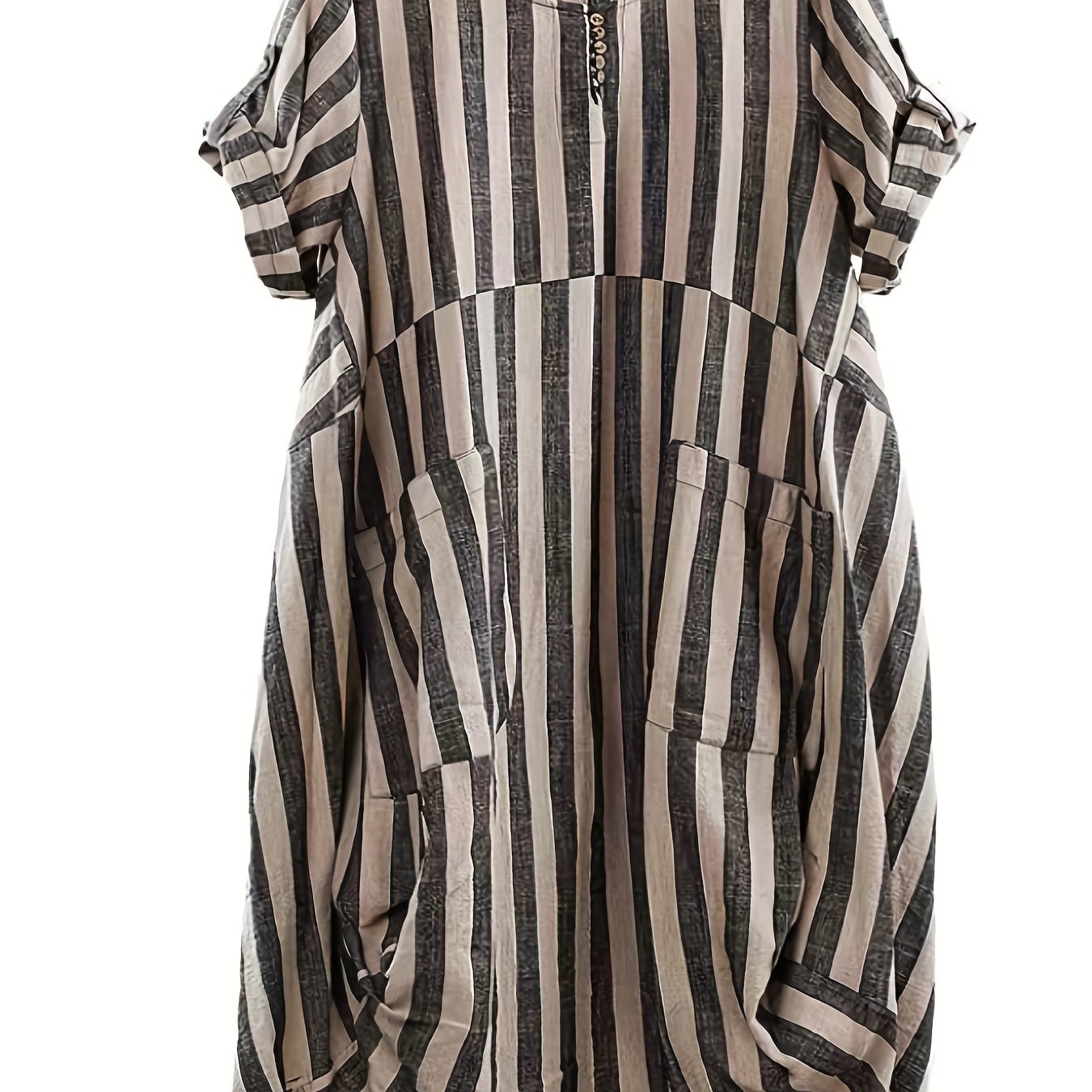 Women's Plus Stripe Print Button Decor Roll Up Sleeve Rou