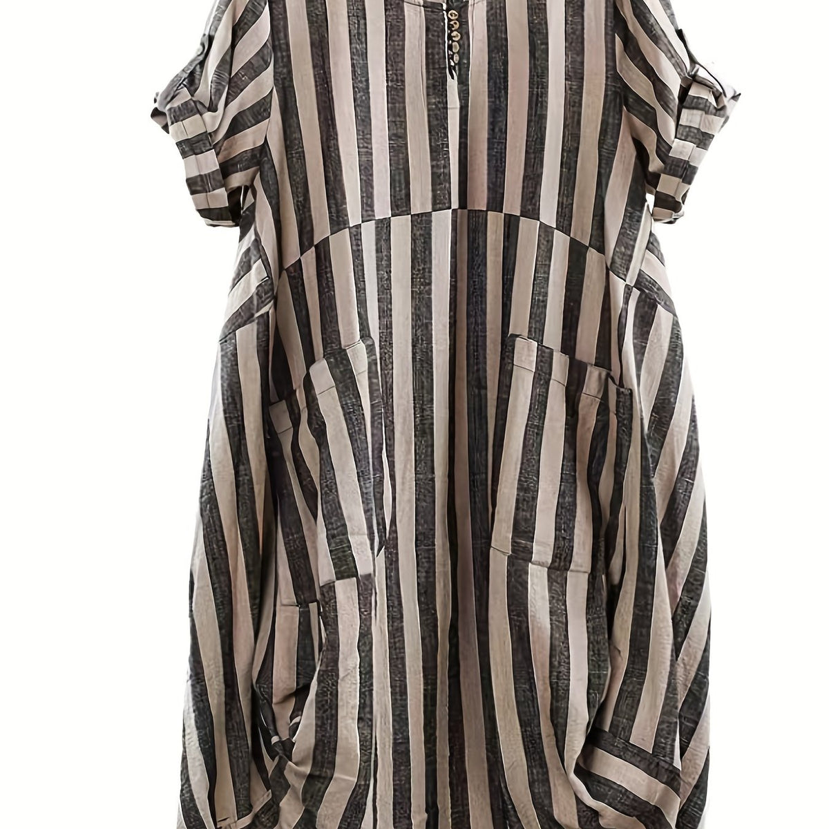 Women's Plus Stripe Print Button Decor Roll Up Sleeve Rou