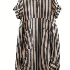 Women's Plus Stripe Print Button Decor Roll Up Sleeve Rou