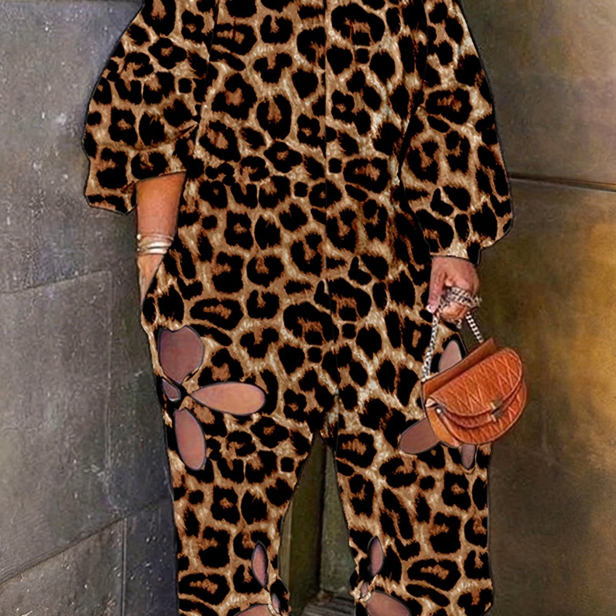  Leopard Cut Out Off Shoulder Lantern Sleeve Jumpsuit