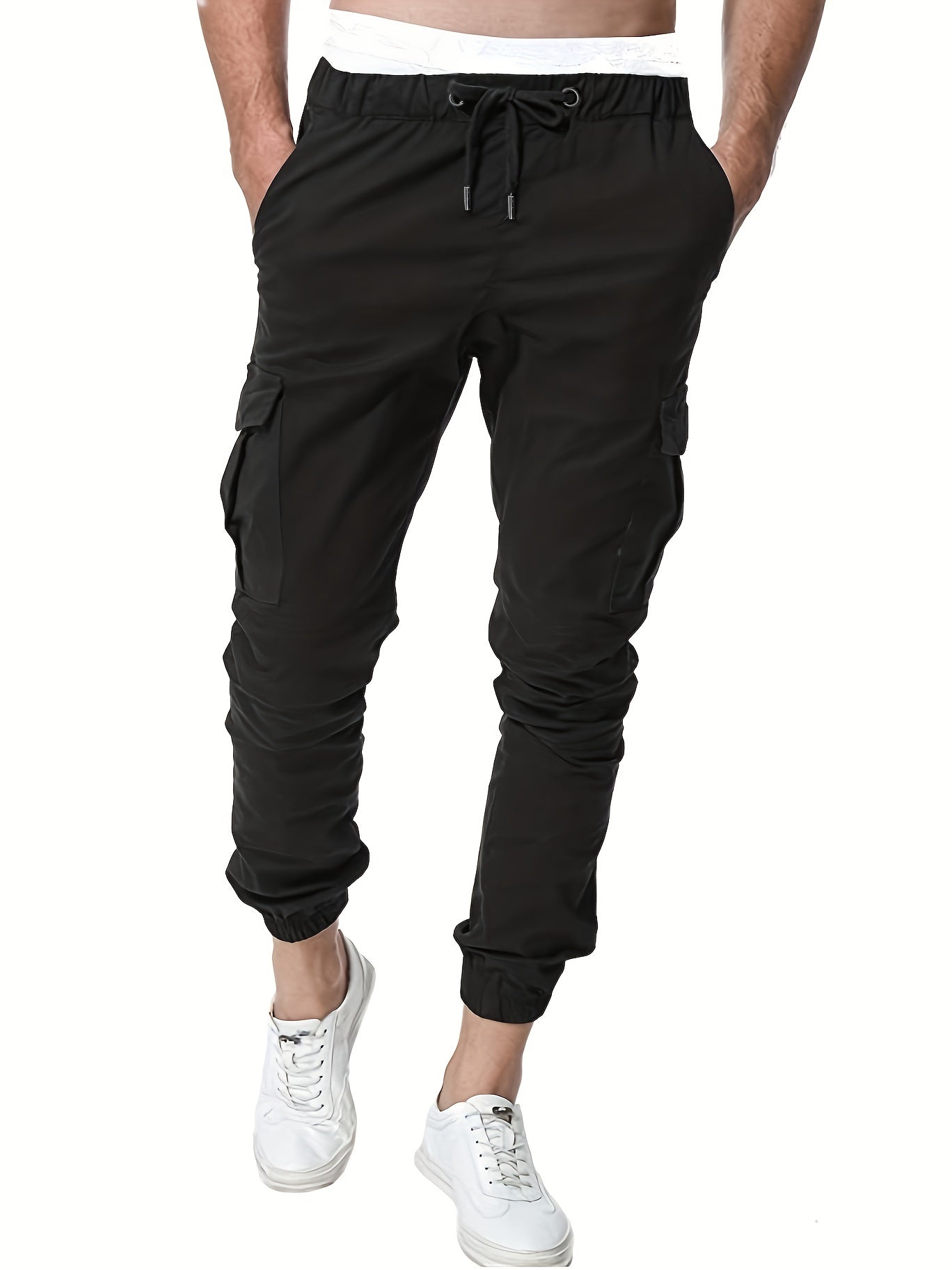 Solid Men's Drawstring Cargo Pants Flap Pocket Jogger Pants