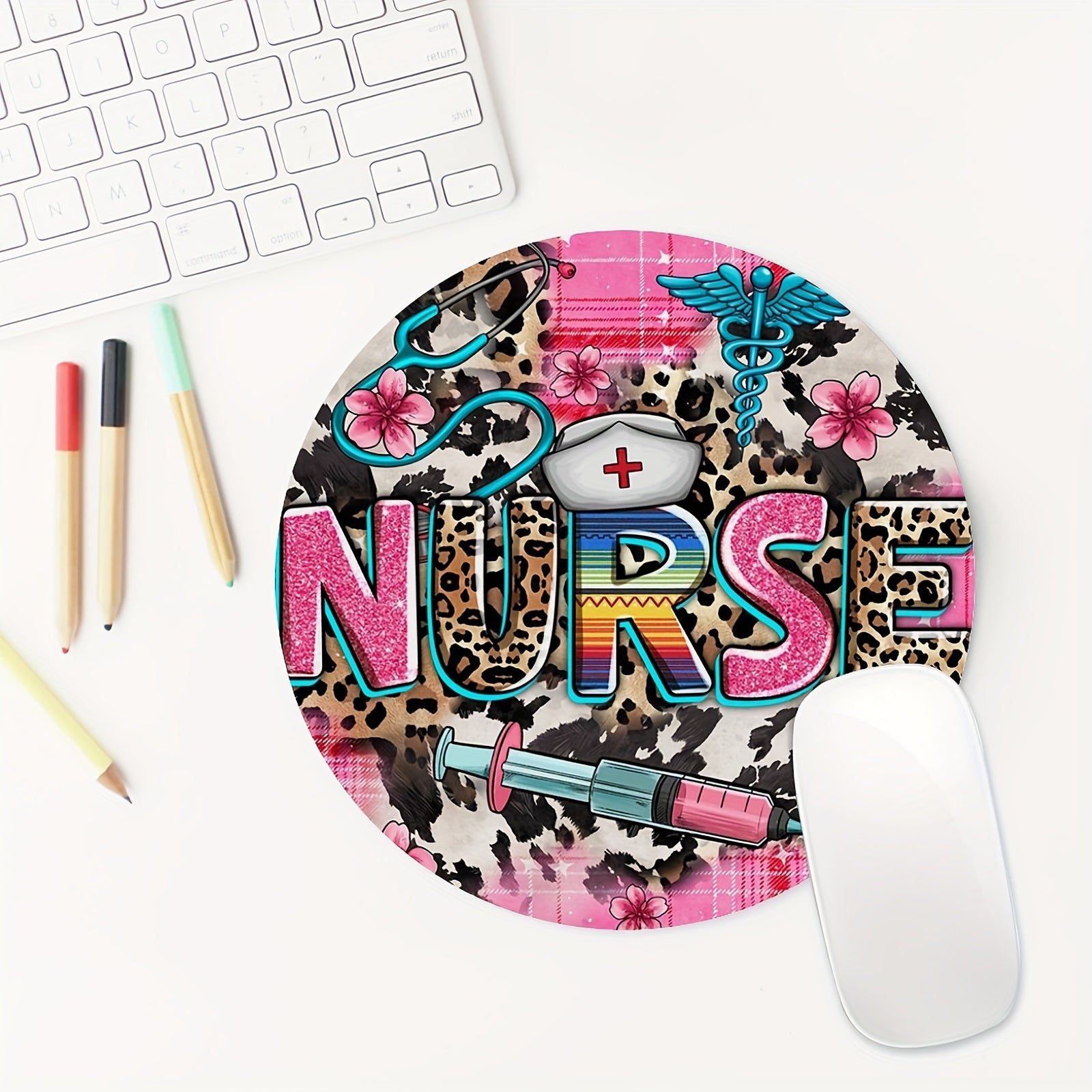 Pink Nurse Life Round Mouse Pad Non Slip Rubber Base 7.87in