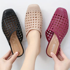 Women's Hollow Out Slides Block Heel Shoes Breathable Summer Shoes