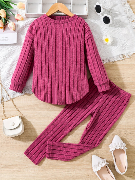 Girl's Ribbed Top & Leggings Set Soft Casual Outfits