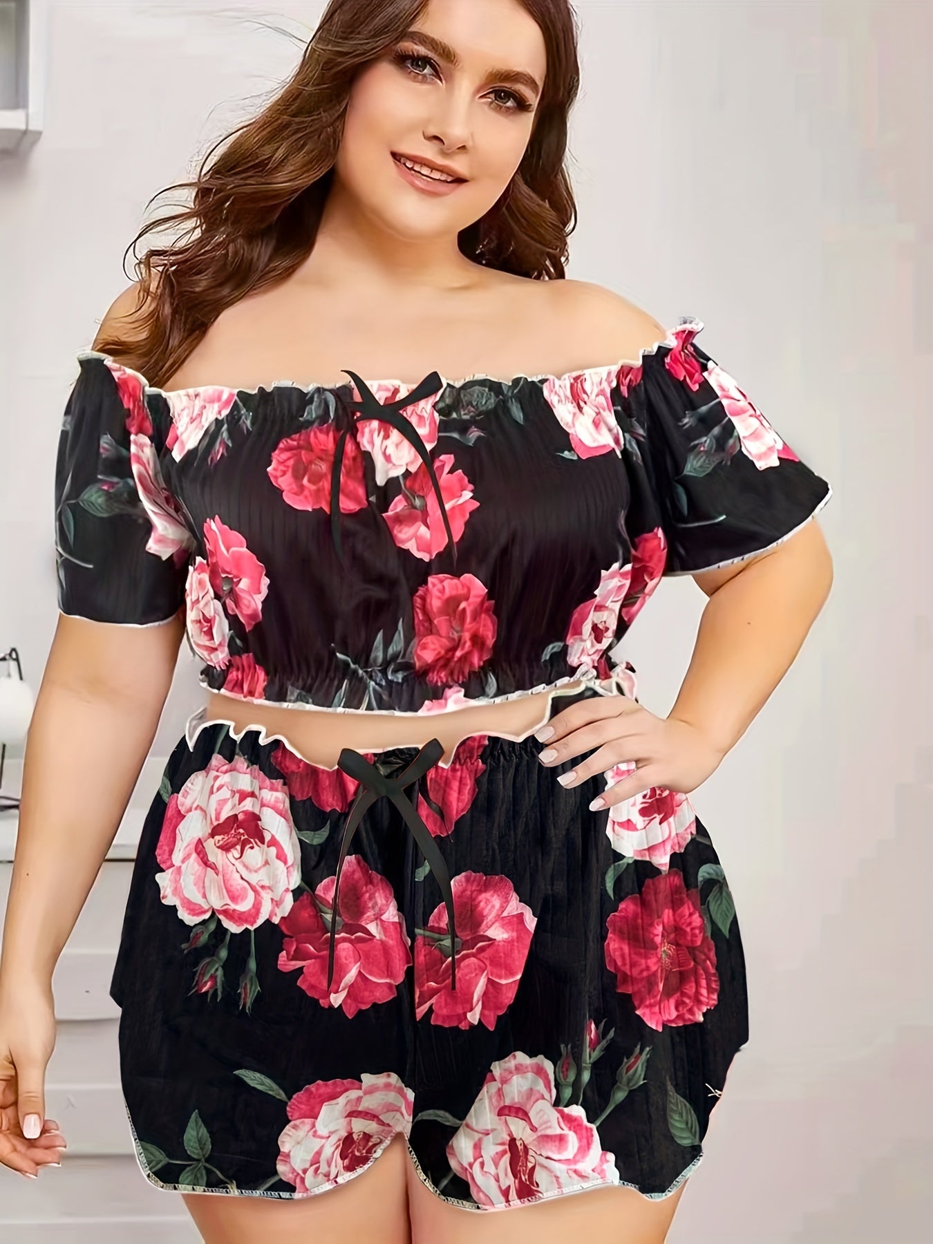  Rose Print Off Shoulder Crop Top & Shorts Pajama Set