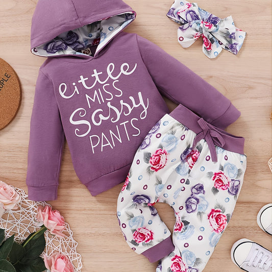Baby Girls Floral Hooded Romper Pants Headband Set