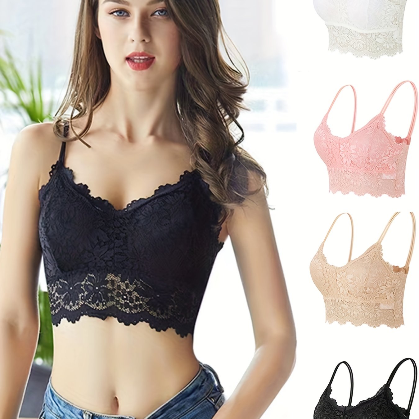 4pcs Lace Wireless Bralettes Scallop Trim Bra Women's Lingerie
