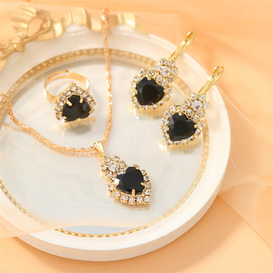 Heart Shape Pendant Jewelry Set Rhinestone Crystal Necklace Earrings Ring