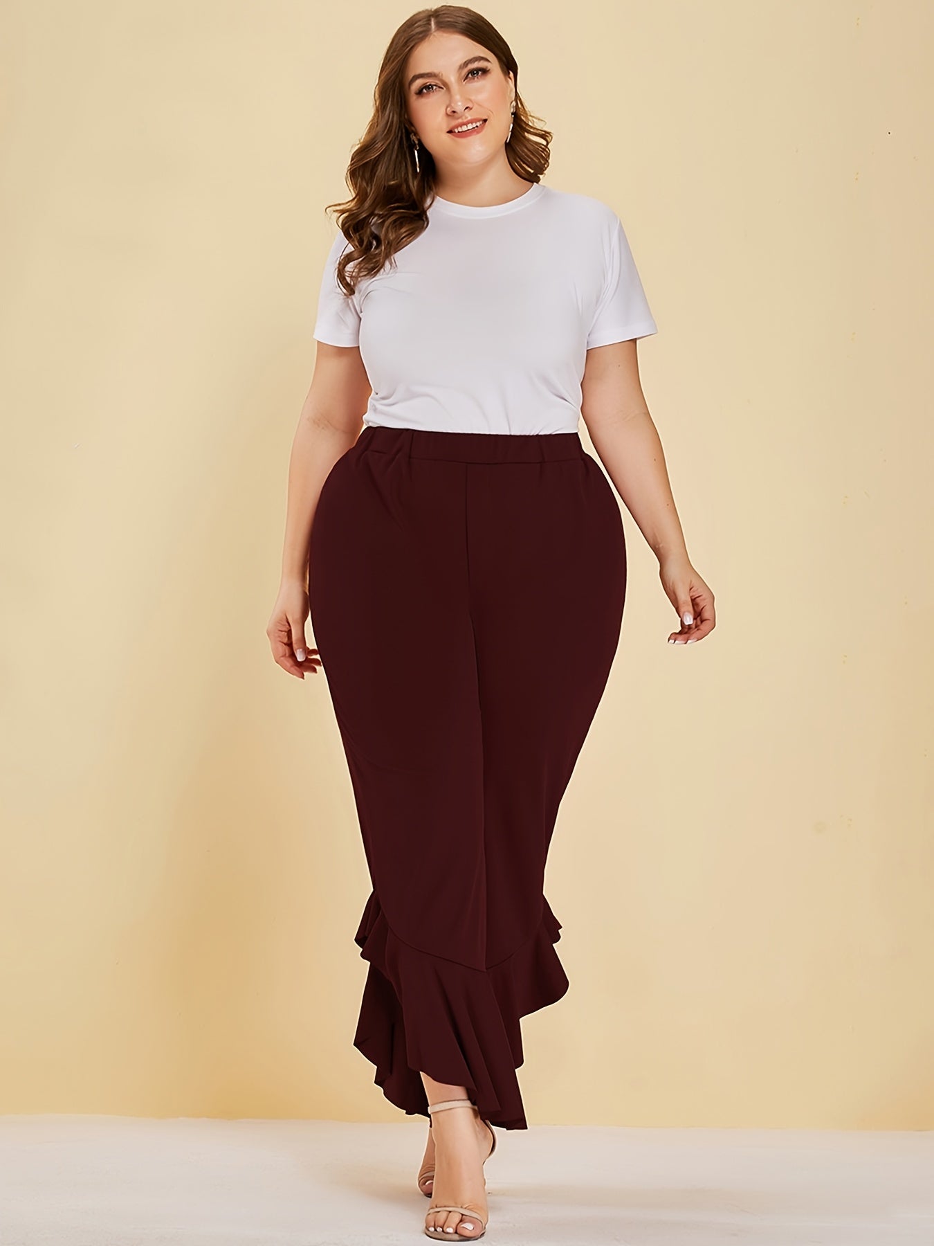  Ruffle Trim Split Pants Women's Plus Stretch Pants