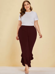  Ruffle Trim Split Pants Women's Plus Stretch Pants