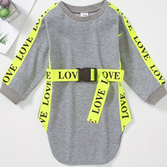 Girls' Side Taping Crew Neck Buckle Belt Dress For Party Going Out