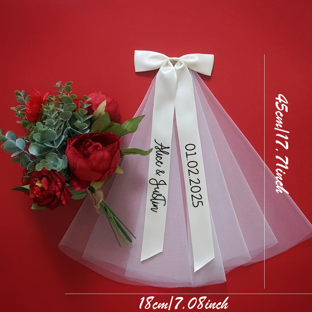 Custom Name & Date Bridal Veil with Sheer Bow Accent