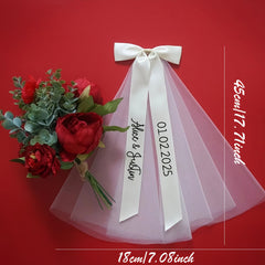 Custom Name & Date Bridal Veil with Sheer Bow Accent
