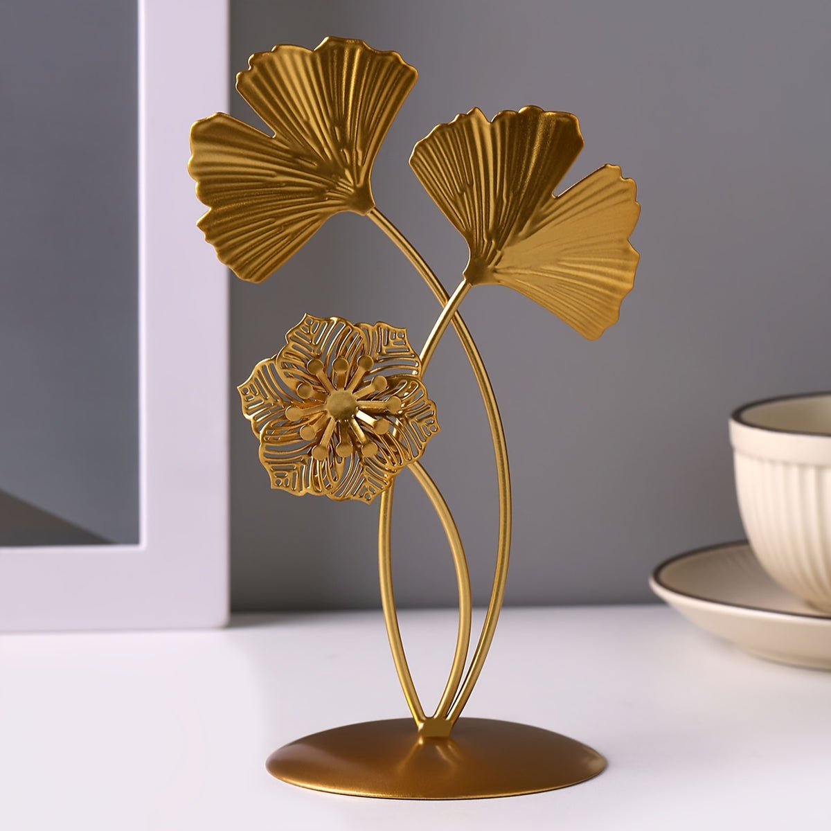 Metal Ginkgo Leaf Figurine Handcrafted Flower Art Piece for Home Decor