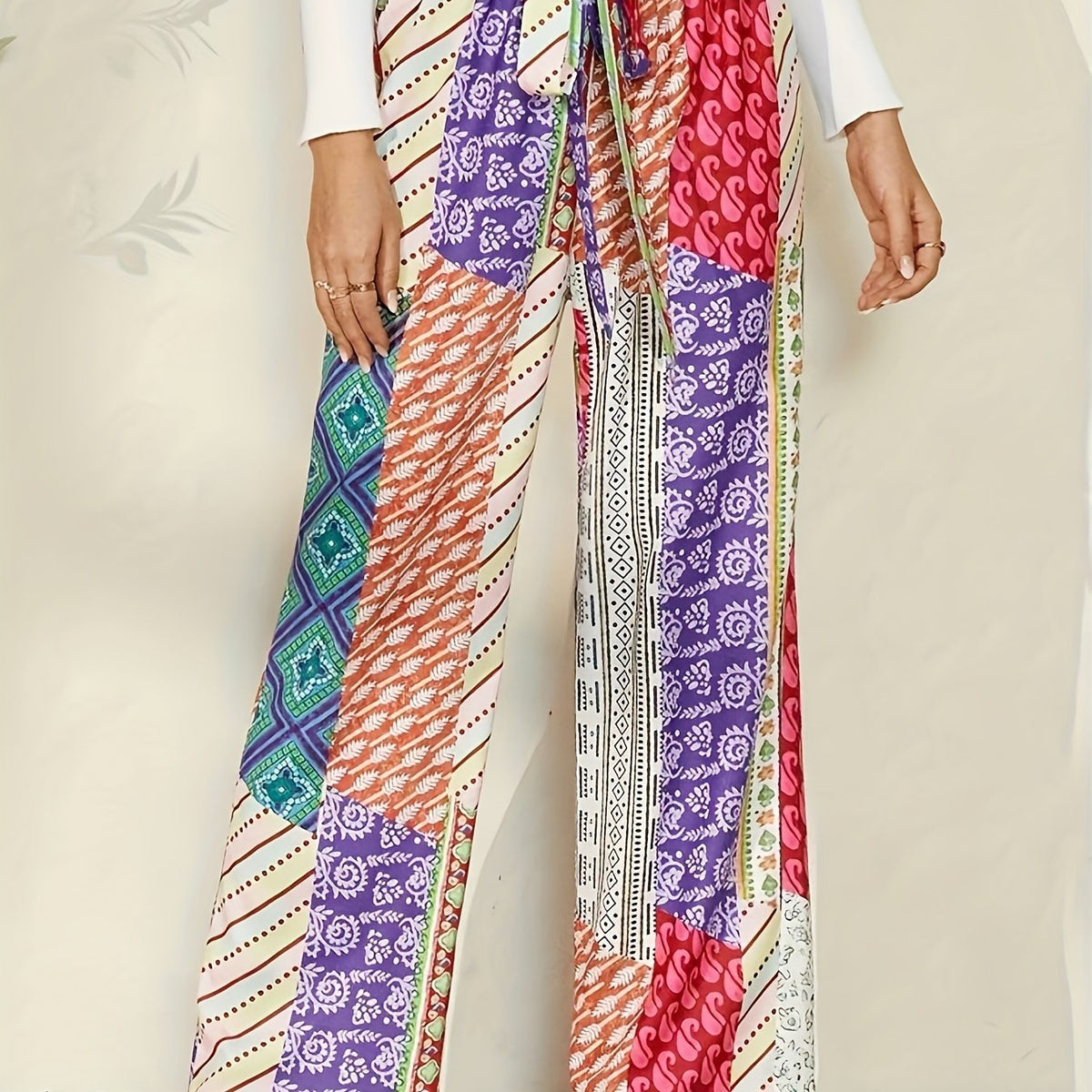  Patchwork Geo Print Loose Trousers With Belt