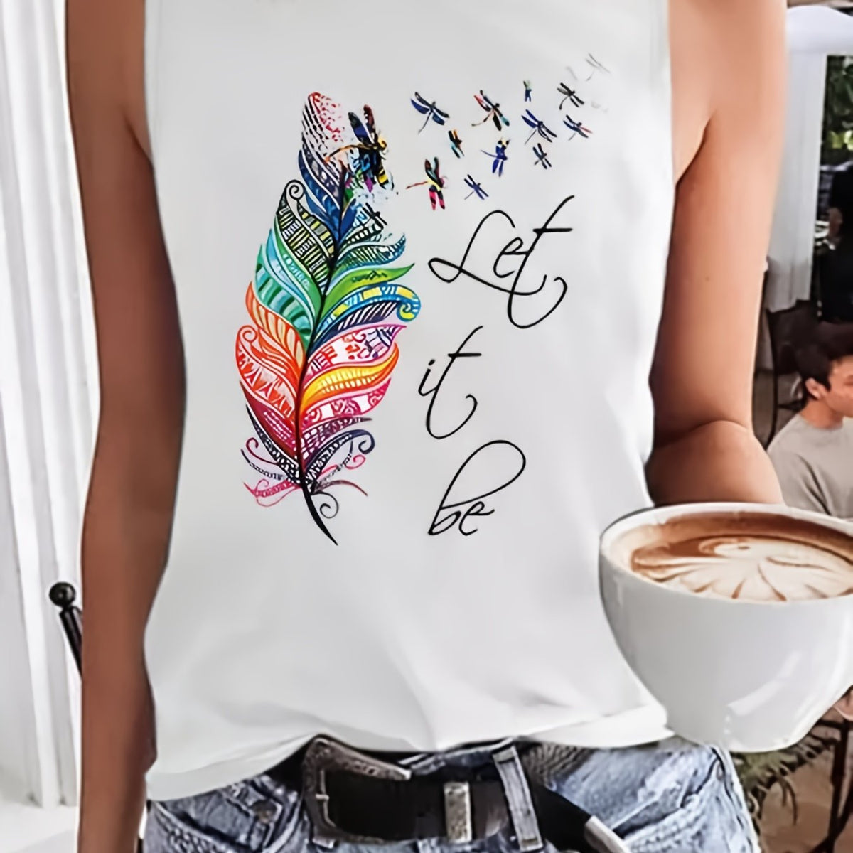 Feather Print Tank Top Sleeveless Crew Neck Casual Tops