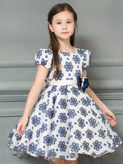 Girls Floral Print Short Sleeve Dress With Belt