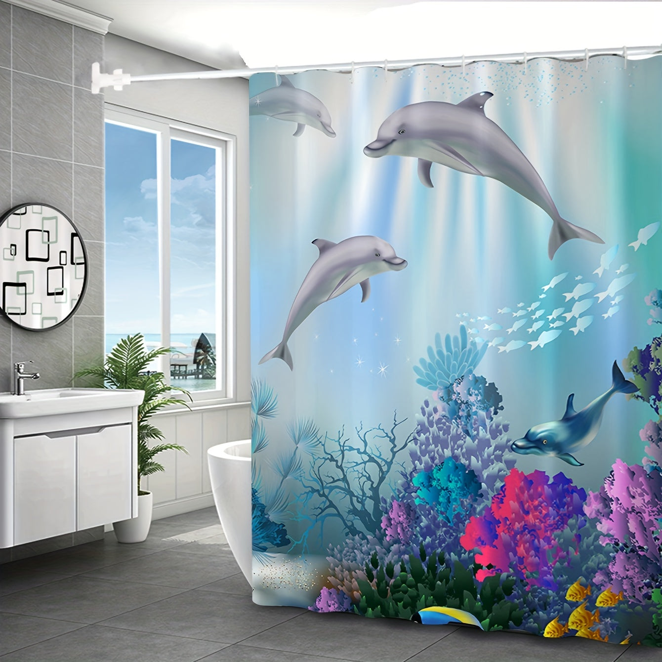 Undersea World Dolphin Shower Curtain Waterproof Fabric Bath Curtain