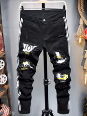 Stylish Patchwork Slim Fit Ripped Jeans Men's Casual Street Style Distressed