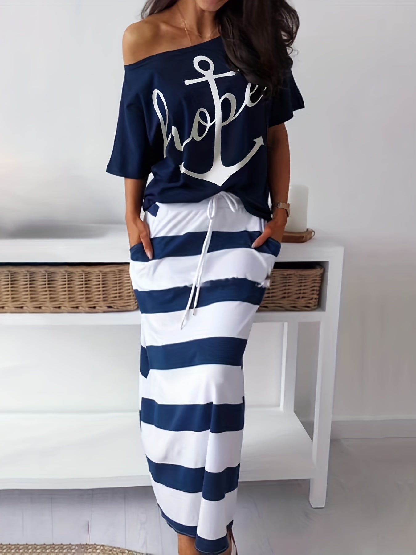 Off Shoulder T-shirt & Striped Skirt Set