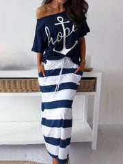 Off Shoulder T-shirt & Striped Skirt Set