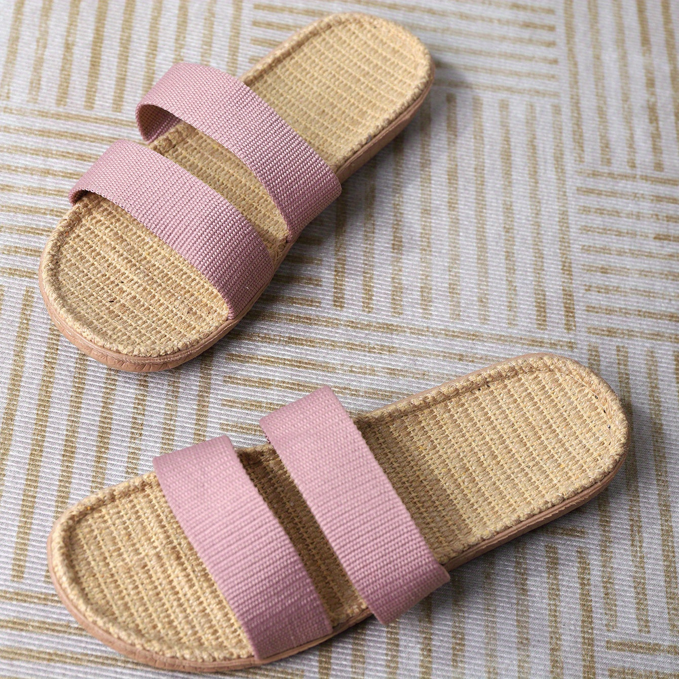 Women's Double Bands Flat Slides Slip On Open Toe Linen Sole Non slip Home Shoes