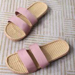 Women's Double Bands Flat Slides Slip On Open Toe Linen Sole Non slip Home Shoes