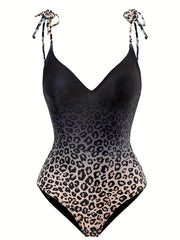 Leopard Print Tie Shoulder One Piece Swimsuit & Side Knot Skirt