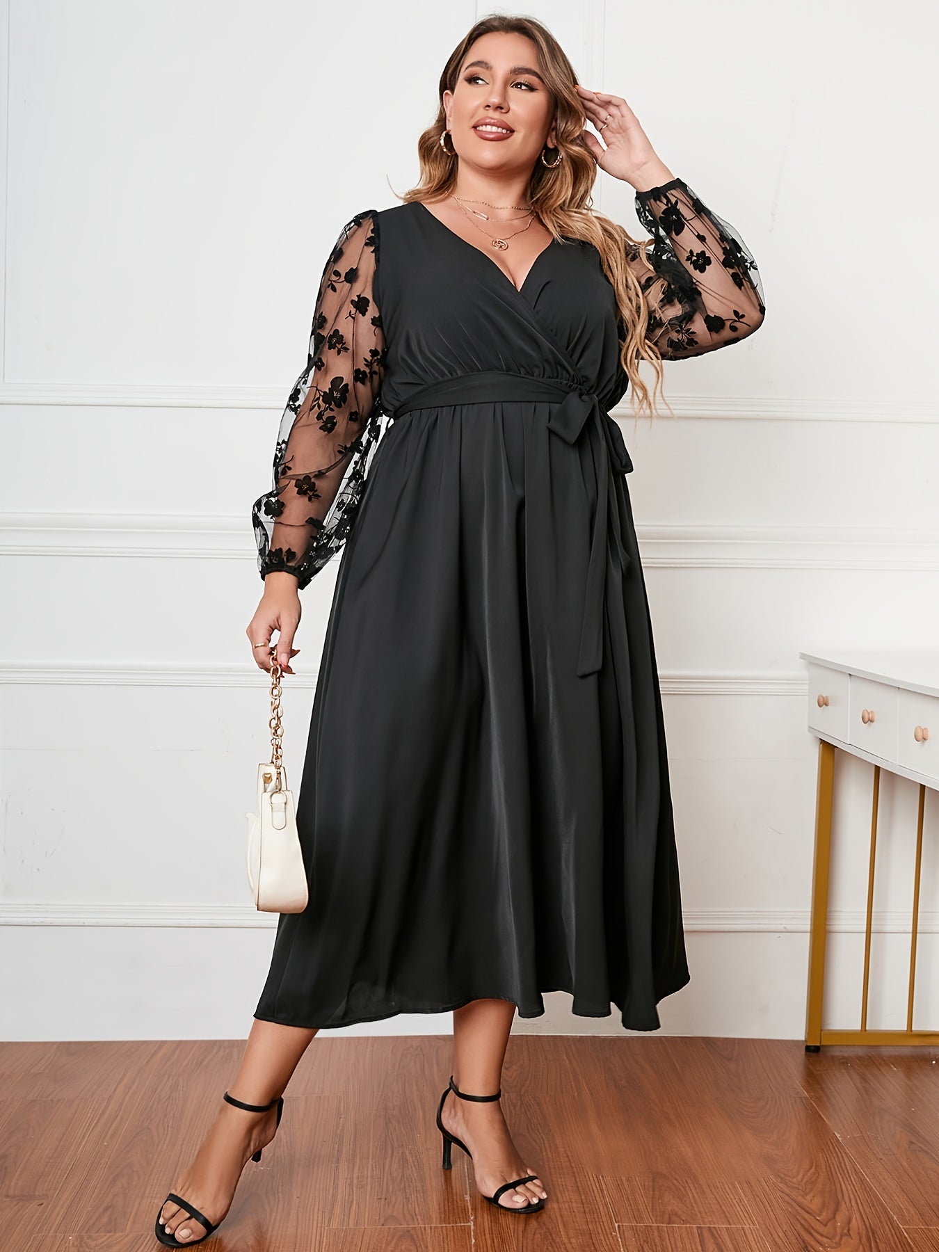 Floral Jacquard Mesh Long Sleeve Dress Plus Size Women's Dress