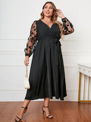 Floral Jacquard Mesh Long Sleeve Dress Plus Size Women's Dress