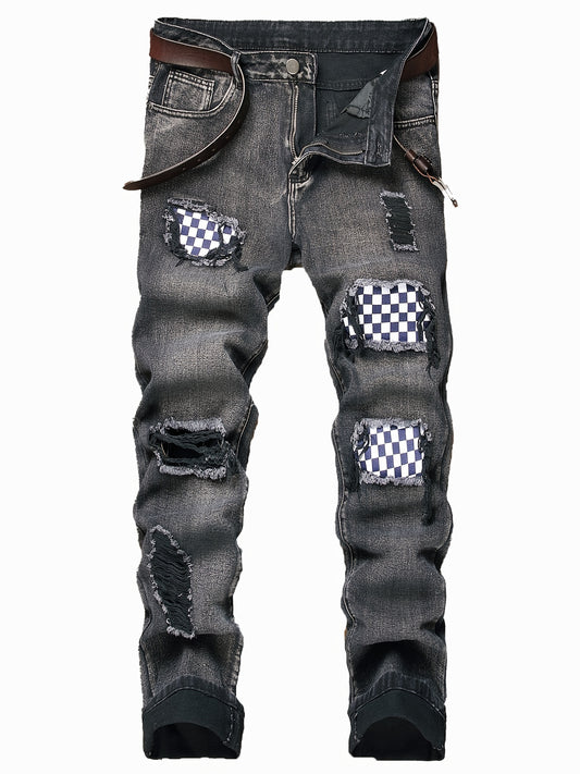 Men's Patchwork Ripped Jeans Casual Street Style Distressed Denim Pants