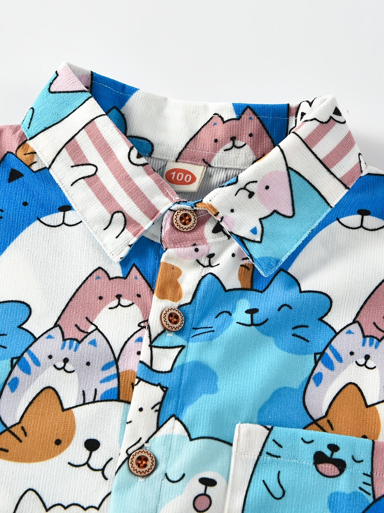 Cartoon Kitty Allover Collared Long Sleeve Shirt for Kids
